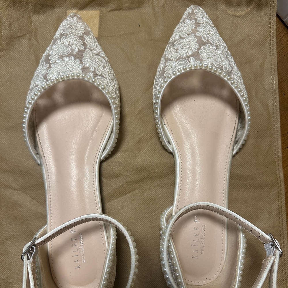Kailee P. TWILA-LACE Ivory Crochet Lace Pointy Toe Flats with Mini Pearls
